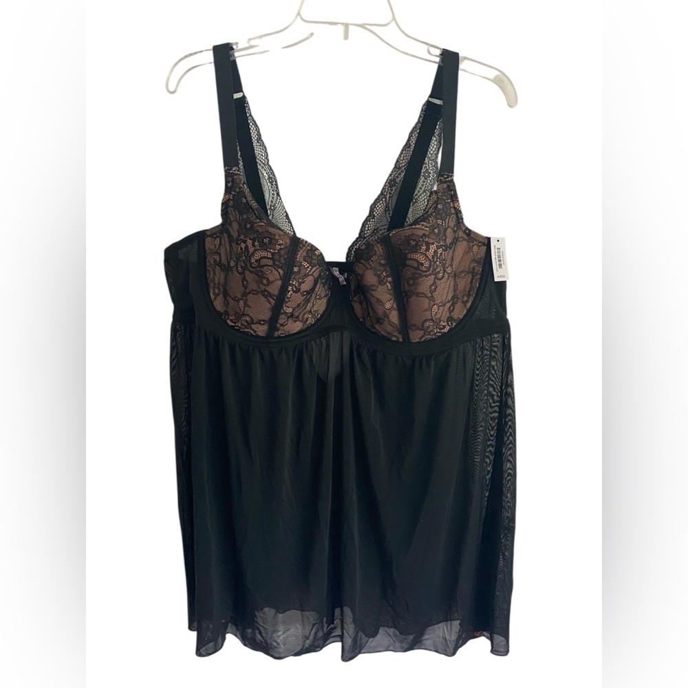 NWT Adore Me Babydoll Ella Lingerie Black Lace Chiffon Size 44DD Lingerie